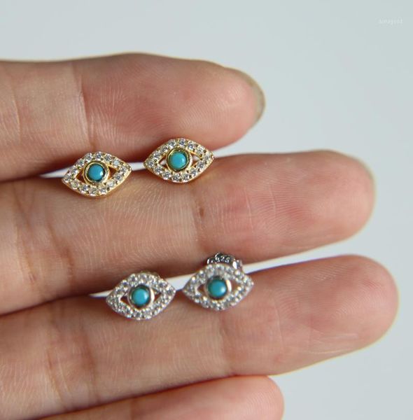 

authentic genuine 925 sterling silver pave clear cz blue evil eye stud earring1, Golden;silver