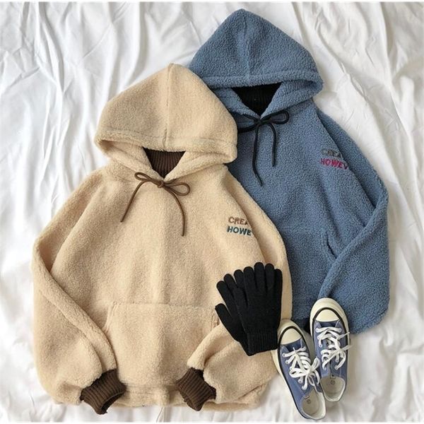 

winter thick warm lamb hair fake two-piece stitching high collar letter embroidery hooded pullover sweatshirt y200610, Black