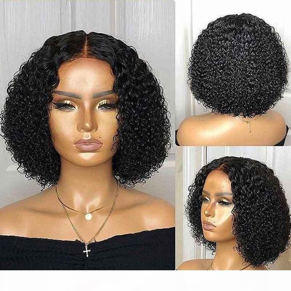 

pre щипковых поддельный скальп боб lace front 13x6 невидимый короткие парики человеческих волос отбеленные узлы deep завитые remy transparen, Black