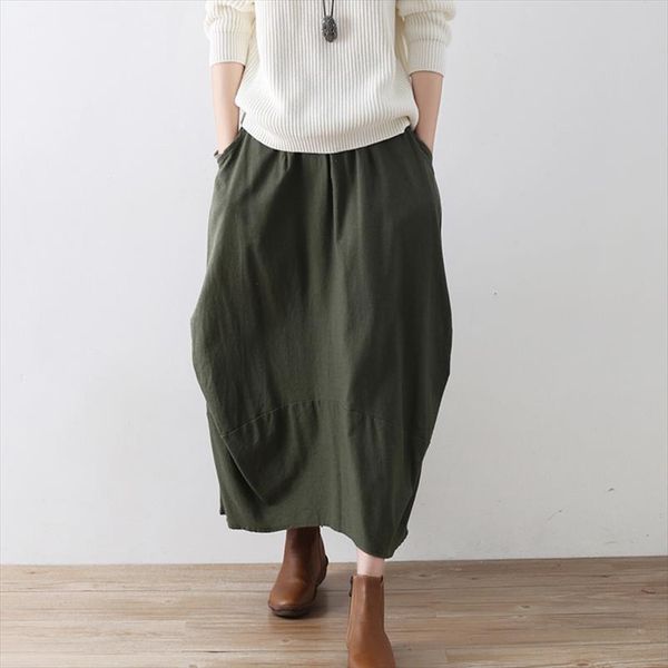 

original solid color women cotton linen skirt 2021 new irregular fold loose plus size skirt casual pockets vintage, Black