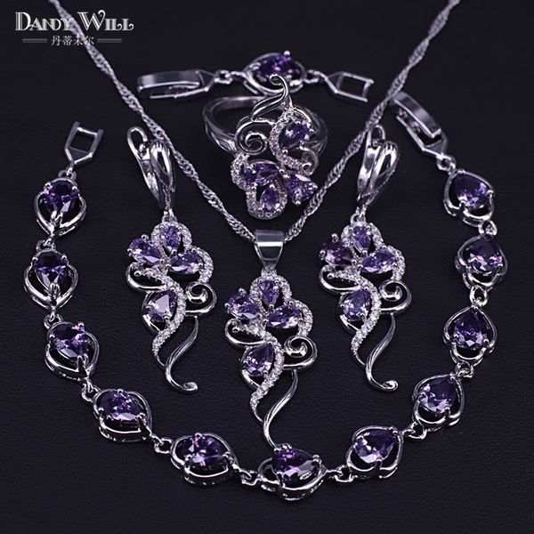

luxury romantic necklace earrings ring bracelet rings jewelry sets leaf pendant silver color purple cz bridal jewelry 201222, Slivery;crystal