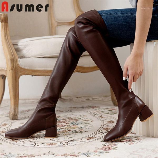 

boots asumer 2021 est thigh high women genuine leather stretch pu thick heel casual shoes fashion over the knee women1, Black