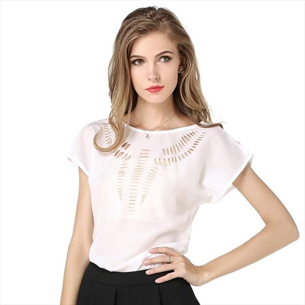 

casual tees color hollow out style chiffon girls women 2020 short sleeve female black shirts solid fashion summer blouses, White