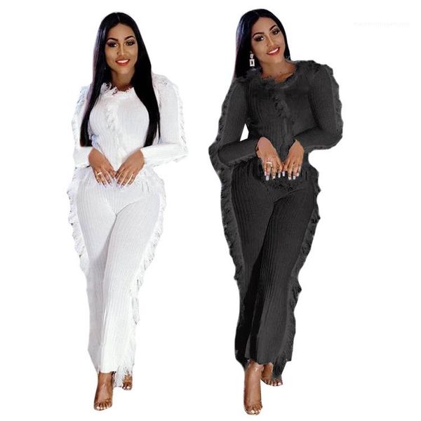 

color fashion casual 2pcs set knitting suits women clothing tassel womens two piece pants solid, White