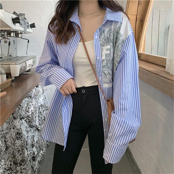 

alien kitty patchwork striped loose casual female shirts 2020 geometric all-match office lady high street new arrival blouses1, White