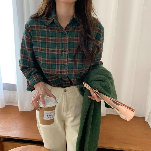 

women's blouses & shirts hzirip dark-green plaid brief chic geometric all-match casual 2021 women loose stylish gentle shi, White