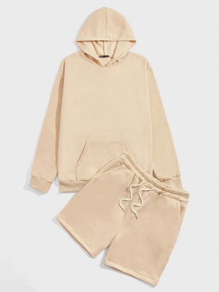 

romwe guys solid kangaroo pocket hoodie & drawstring track shorts 23jd#, Gray