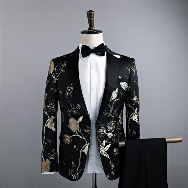 

men's suits & blazers polyester autumn host suit studio embroidery business groomsmen clothing bar costumes, White;black