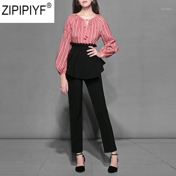 

women's tracksuits 2021 fashion women's set european runway print lantern sleeve round collar blouse + ankle-length pants suits c2, Gray