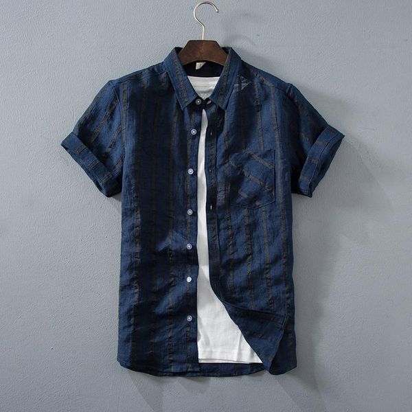 

men's casual shirts 2021 brand clothing men summer cotton loose linen short sleeve shirts/male lapel stripe slim fit s-4xl, White;black