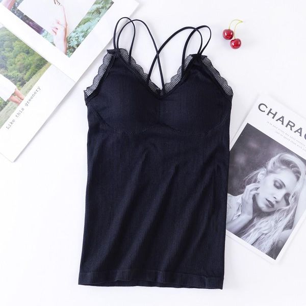 

women solid color camisole lace long vest seamless cross beauty back with padded tube, Black;white