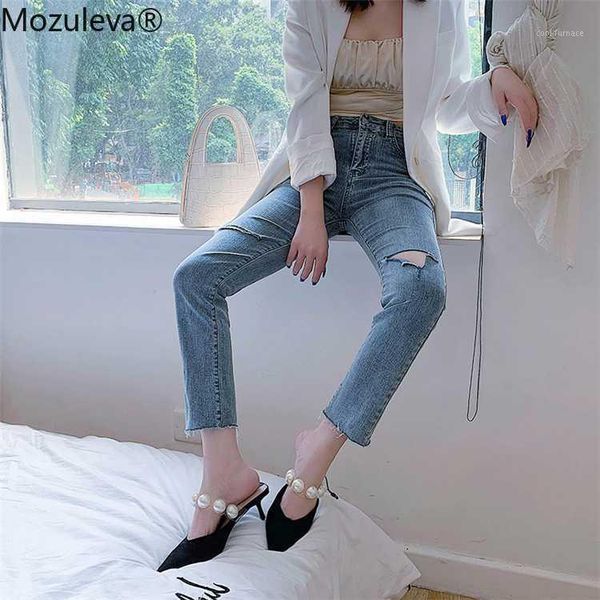 

mozuleva new 2020 women summer jeans high waist casual trousers straight denim ripped tassel streetwear ankle-leng pants femme1, Blue