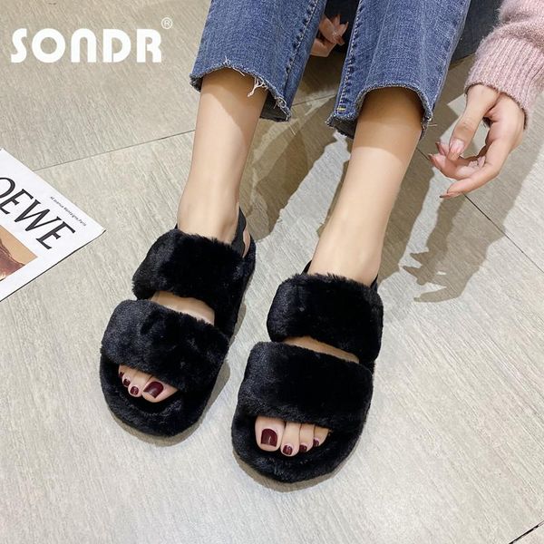 

sondr women's fluffy sandals indoor flat plush fur women fashion slippers sandals with rubber soles non-slip slippers for home, Black