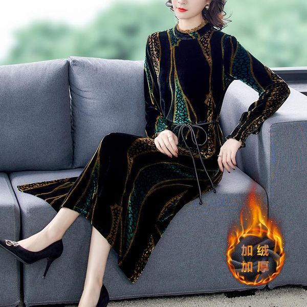 

casual dresses winter 5xl plus size plush padded warm midi dress autumn vintage black gold velvet elegant women bodycon vestidos, Black;gray