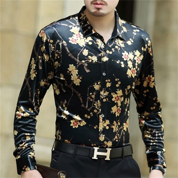 

velvet print flower club party chemise homme shirts for men 2020 new spring long sleeve designer shirt c1212, White;black