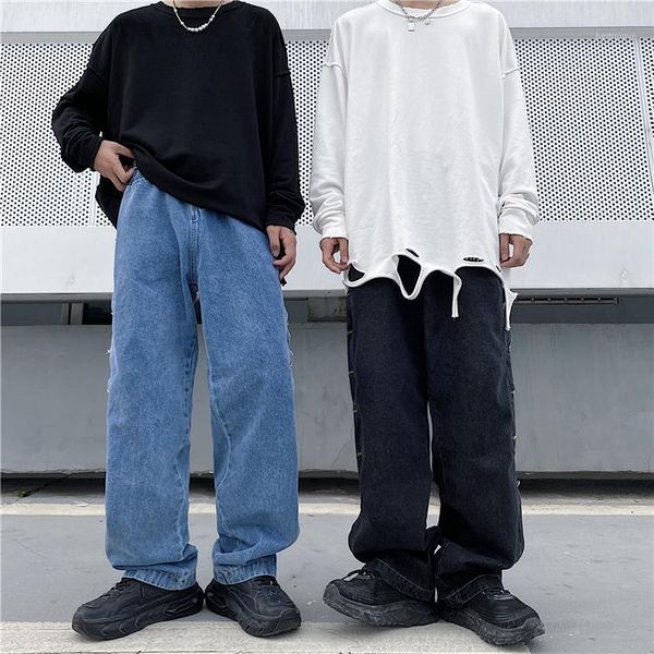 

streetwear patchwork side button solid blue black casual loose straight baggy denim pant jeans hip hop fashion woman korean1