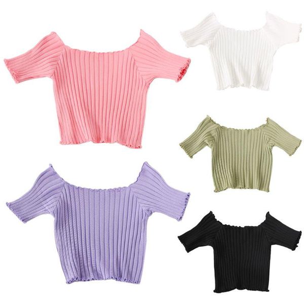 

women summer off shoulder crop ribbed knitted ruffles trim short sleeve t-shirt solid candy color slim clubwear, White