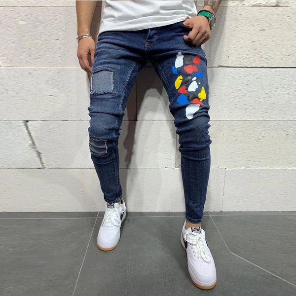 

lvba brand men skinny spots printing patchwork jeans pants fashion blue male slim casual denim jean xl