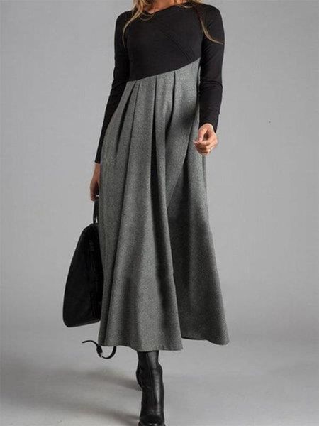 

contrast 2020 women's winter autumn / color splicing fabric mid waist sleeve v-neck pullover long skirt, Black;gray