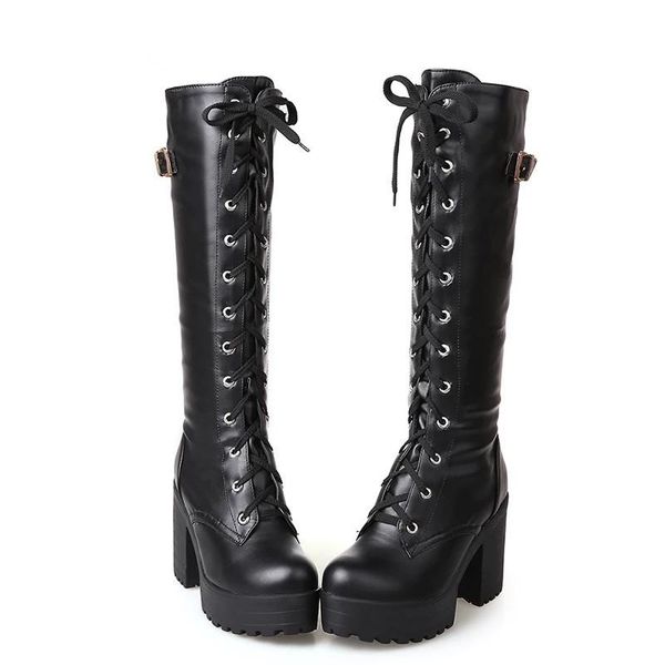 

newdiscvry 2020 spring autumn lacing knee high boots women fashion white square heel woman leather shoes winter pu large size, Black