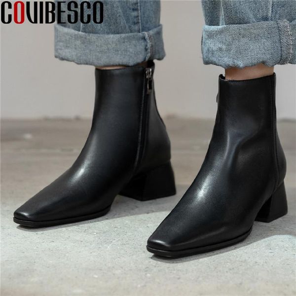

covibesco elegant concise side zipper female ankle boots genuine leather brand design thick heels shoes dancing shoes woman, Black