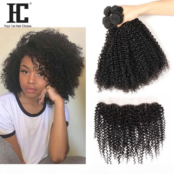 

hc hair kinky curly brazilian human hair products with lace frontal closure 4pcs brazilian virgin hair bundles with lace frontal closure, Black;brown