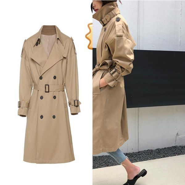 

trench fashion khaki coat women casual belt windbreaker female office lady feminino elegant oversized outerwear1, Tan;black