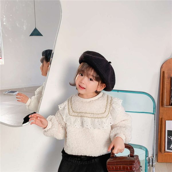 

new lace sweater girl's 2020 winter middle and small children's lovely plush thick pullover 73zf, Black