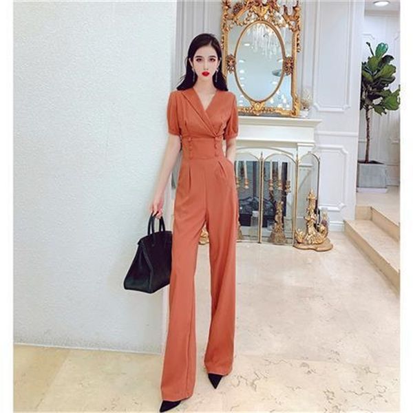 

2021 new simple women summer new korean fashion full length short sleeve button female clothes office lady elegant jumpsuit k6er, Black;white