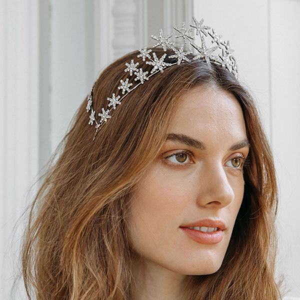 

baroque bridal hair accessories star crown wedding headband silver color rhinestone tiara crown banquet party jewelry, Golden;silver