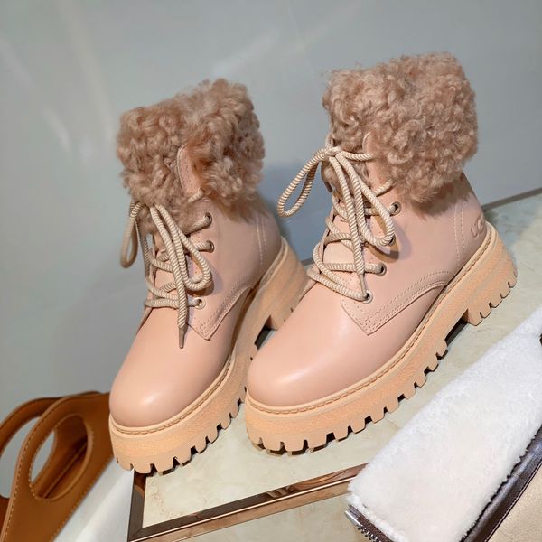 

designer womens boots luxury pink leather lace-up with fluff round head high heel with box size 35-40, Black