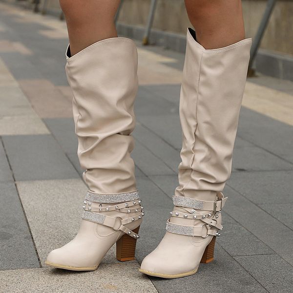 

vintage rivet knee high-heeled women's sparkling crystal double-western double-buckle boots plutonium woman, Black