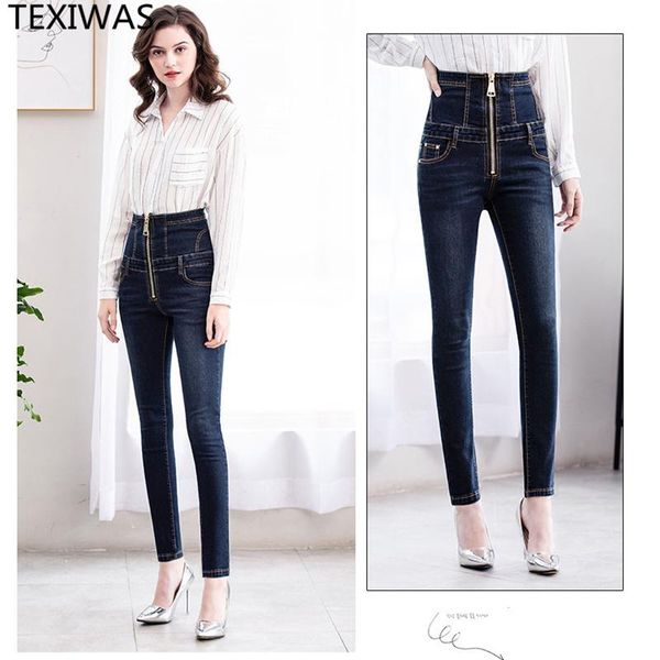 

women's jeans texiwas high waist zip women fashion back hollow out cross bandage denim pencil pants 2021 spring plus size, Blue