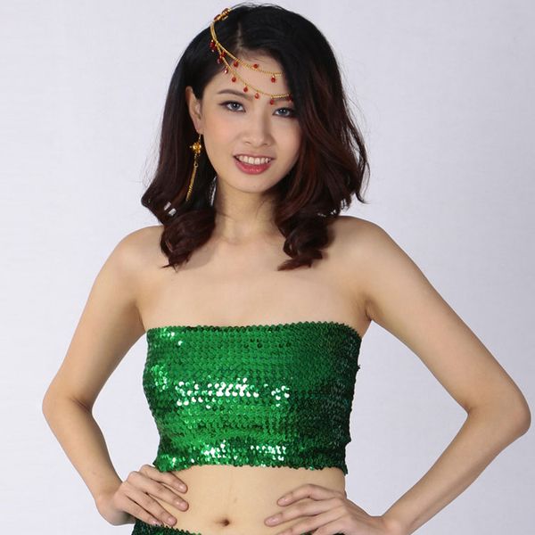 

jazz belly latin dance costumes women seamless sequin tube shiny strapless festival club party bandeau crop stretch, Black;red