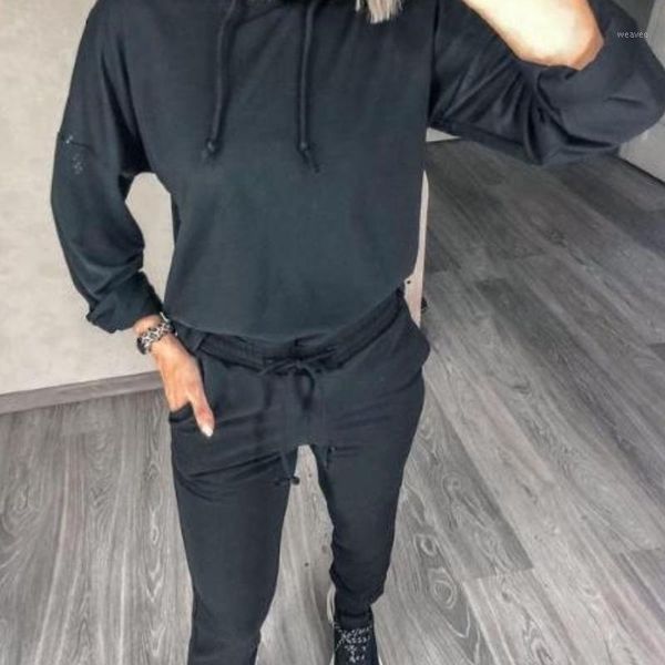 

women autumn and winter casual solid color long sleeve hoodies and long pants with pockets two piece sports sets1, Gray
