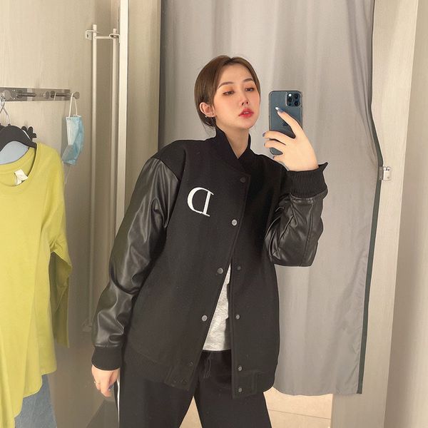 

europe fashion winter padded jacket men women black leather sleeve embroidery print cotton wadded leather baseball jacket wool coat, Black;brown