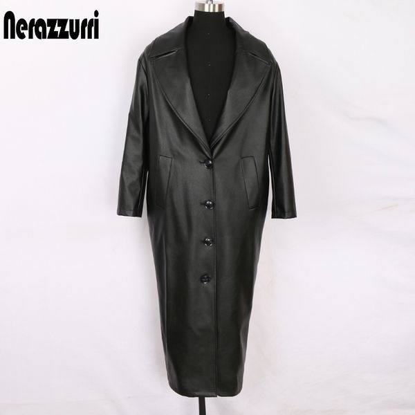 

nerazzurri oversized cocoon leather trench coat women long sleeve single breasted plus size loose soft faux leather overcoat 7xl 201030, Black