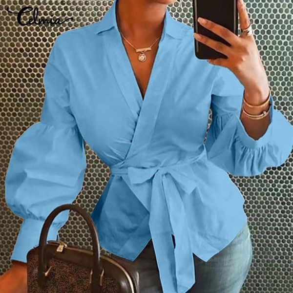 

women and blouses celmia autumn lantern sleeve tunic shirts casual loose v-neck ladies blusas femininas belted plus size y200402, White