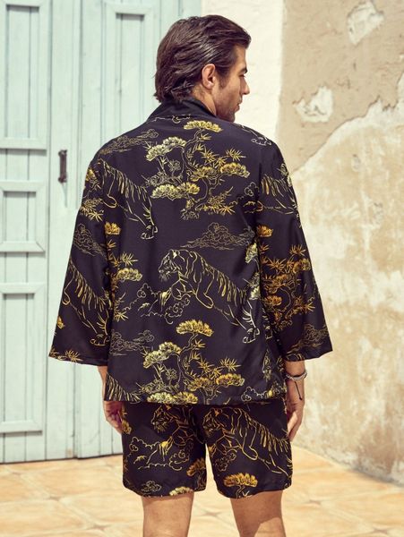 

men 2pcs tiger print kimono & shorts x1wr#, Gray
