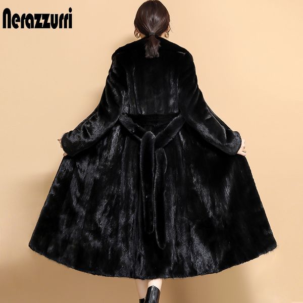 

nerazzurri winter long fluffy faux fur coat women long sleeve belt black fake mink fur overcoat plus size fashion 201212