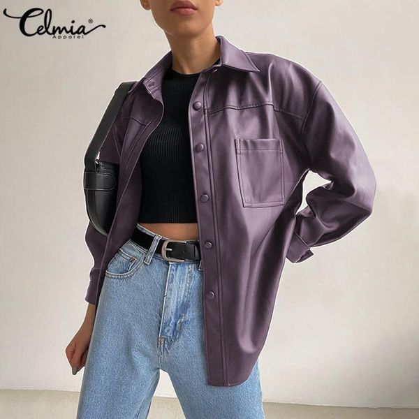 

women pu leather jackets celmia 2020 new autumn pu leather windbreaker coats casual buttons lapel long sleeve jackets outerwear, Black;brown