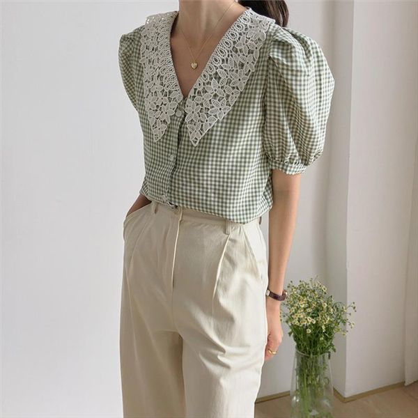 

hzirip peter pan collar plaid patchwork lace thin chic sweet new 2020 women plus summer puff sleeves all match loose shirts, White