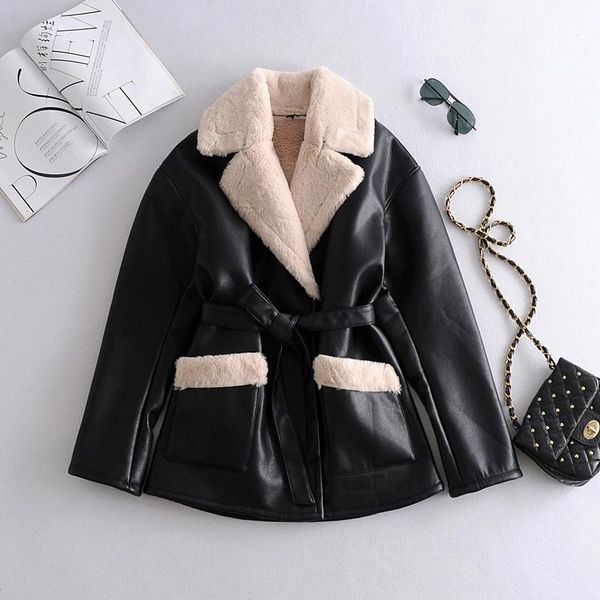 

women's jackets winter faux leather long sleeve lapel thick warm jacket coat vintage windproof with belt locomotive chic female, Black;brown