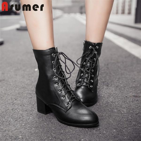 

boots asumer 2021 est fashion ankle women round toe lace up zip high heels short woman dress shoes ladies office, Black