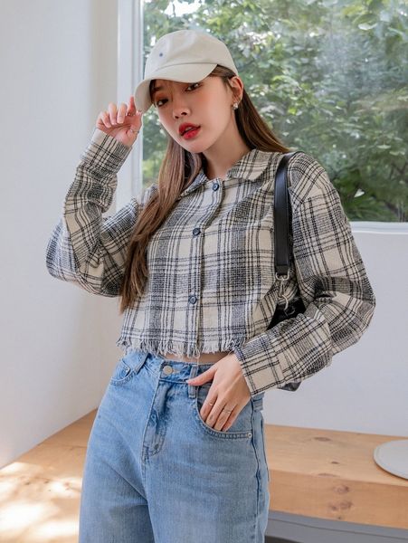 

dazy plaid print drop shoulder raw cut jacket s6bf#, Black;brown