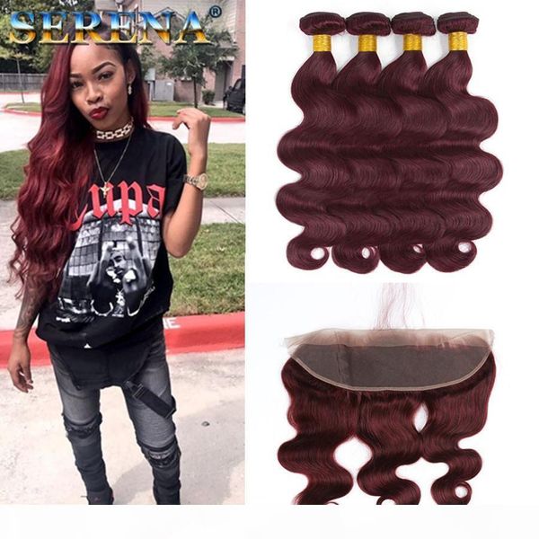 

2018 new burgundy 99j brazilian virgin hair weave 4 bundles with closure body wave baby human hair extension bundles with frontal baby hair, Black;brown