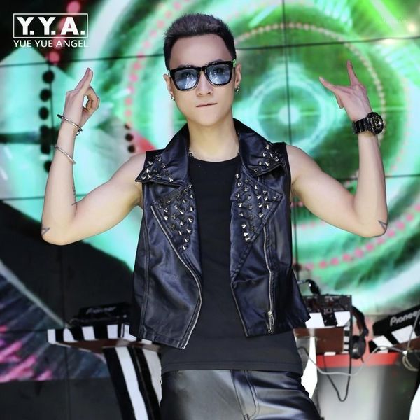 

2020 new fashion mens rivet pu leather vest sleeveless jacket punk studded gilet homme faux leather biker waistcoat 4xl1, Black;white