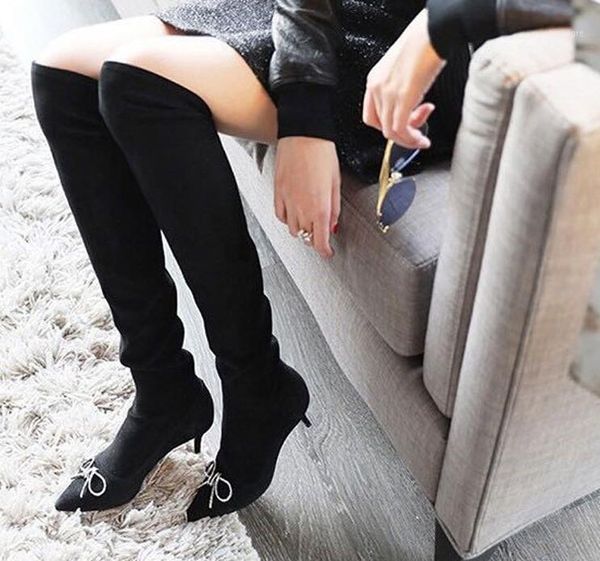 

boots fashion black stretch leather women slip on knee high crystal bow ladies heel pointy toe stiletto1