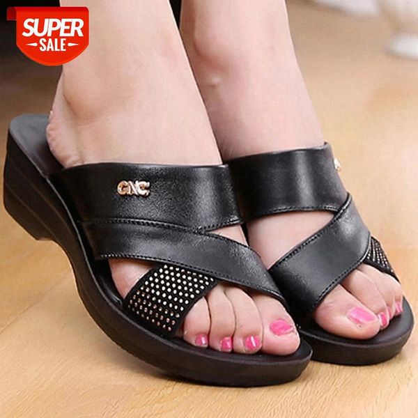 

fashion slides genuine leather slippers women shoes 2019 new arrival rhinestone wedges outside ladies slippers large size 35-41 #pz9v, Black