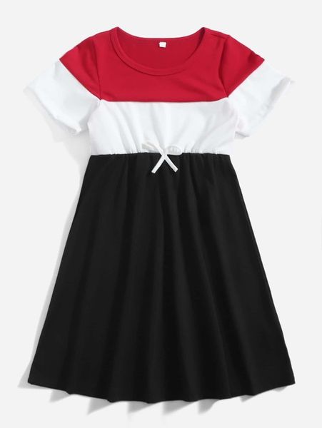 

toddler girls 1pc color block bow front dress she, Red;yellow